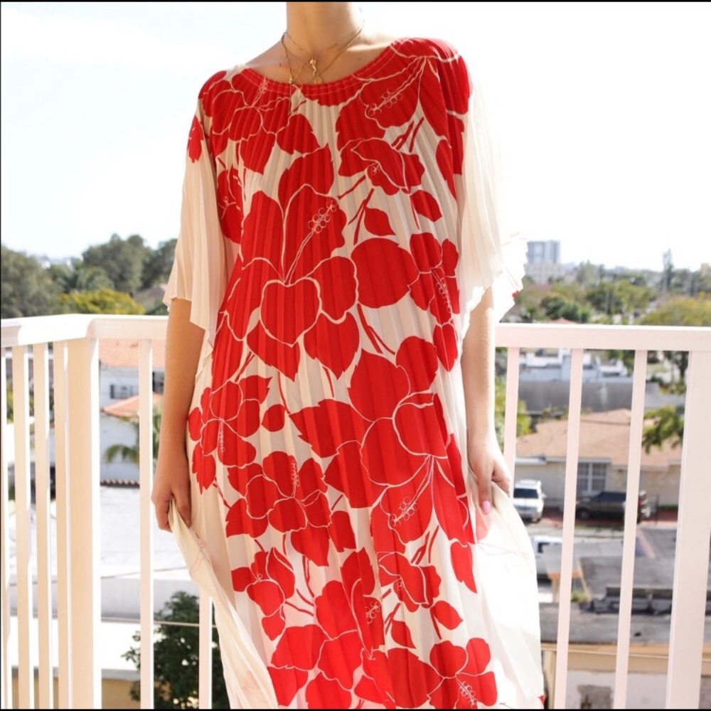 Pleated Tropical Maxi Kaftan Dress